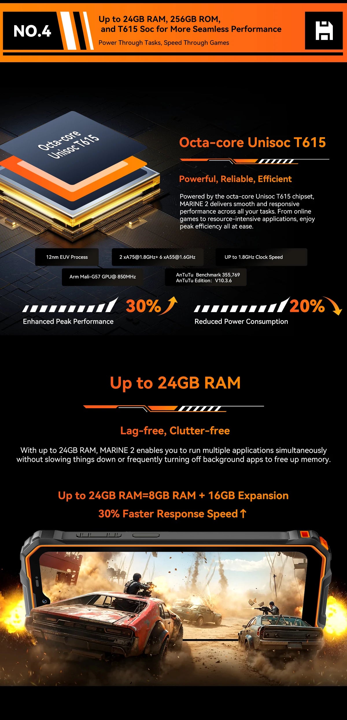 OSCAL Marine 2 AI Outdoor Mobile Phone, 6.56 Inch Rugged Smartphone Android 15, 8+16GB RAM, 256GB+2TB ROM 11000mAh, Unisoc T615