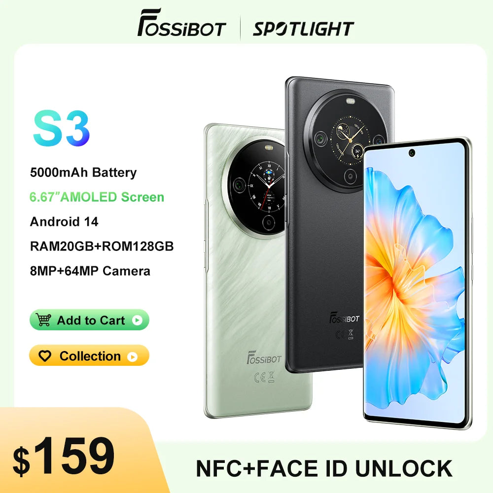 [World Premiere] FOSSiBOT S3 PRO Smartphone 6.67" AMOLED Display Android 14 Up to 20+128GB Mobile 8+64MP CAM NFC Cell Phone
