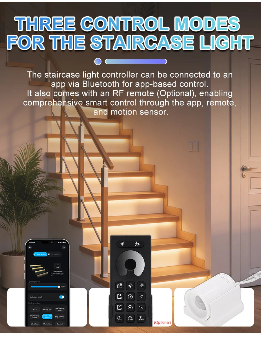 Intelligent Motion Sensor Stair Light Kit, Smart Bluetooth APP Remote Control, Dynamic & Constant Lighting for Indoor Staircase
