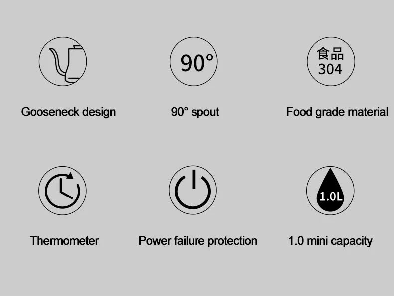 1.0L Electric Kettle Retro Gooseneck Hand Brewed Coffee Pot Slender Mouth Teapot Stainless Steel Liner Kettle with thermometer