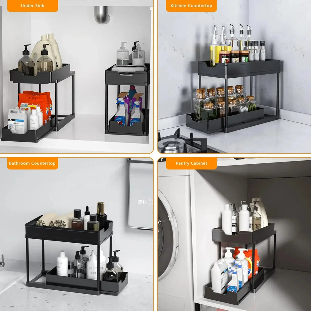2 Tier Under Sink Sliding Cabinet Basket Organizer Storage Rack with Hooks Hanging Cup Bathroom Multifunctional Storage Rack
