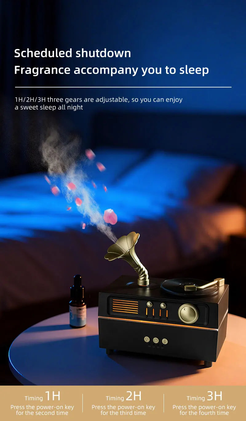 5V Retro Phonograph Bluetooth Speaker Humidifier Ultrasonic Aroma Diffuser Rotating Colorful Light Remote Essential Oil Atomizer