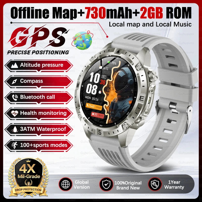 2026 Outdoor GPS Smart Watch Men 2GB ROM Offline Map 730mAh Battery 3ATM Waterproof Compass Altimeter Health Monitor Smartwatch