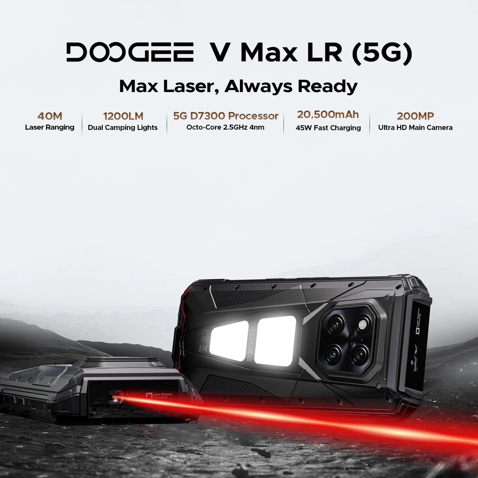 DOOGEE V Max LR 5G Rugged Phone  Laser Rngefinder Dual Camping lights 20500mAh Battery Light Effect 16GB 512GB Smartphone NFC