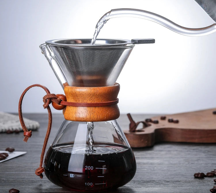 Hand Glass Coffee Kettle with Stainless Steel Filter Drip Brewing Hot Brewer Coffee Pot Dripper Barista Pour Over Coffee Maker