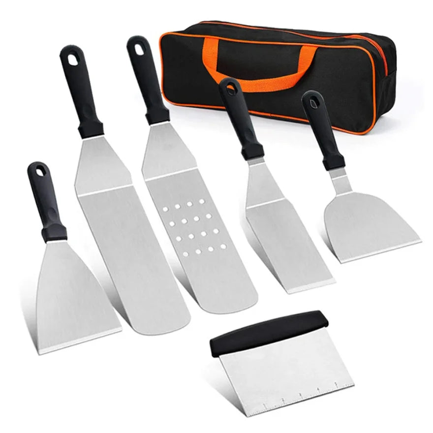 Onilini Griddle Accessories Kit BBQ Tools 6 Pieces Set Stainless Steel Spatulas with Carry Bag Scraper for Outdoor Barbecue