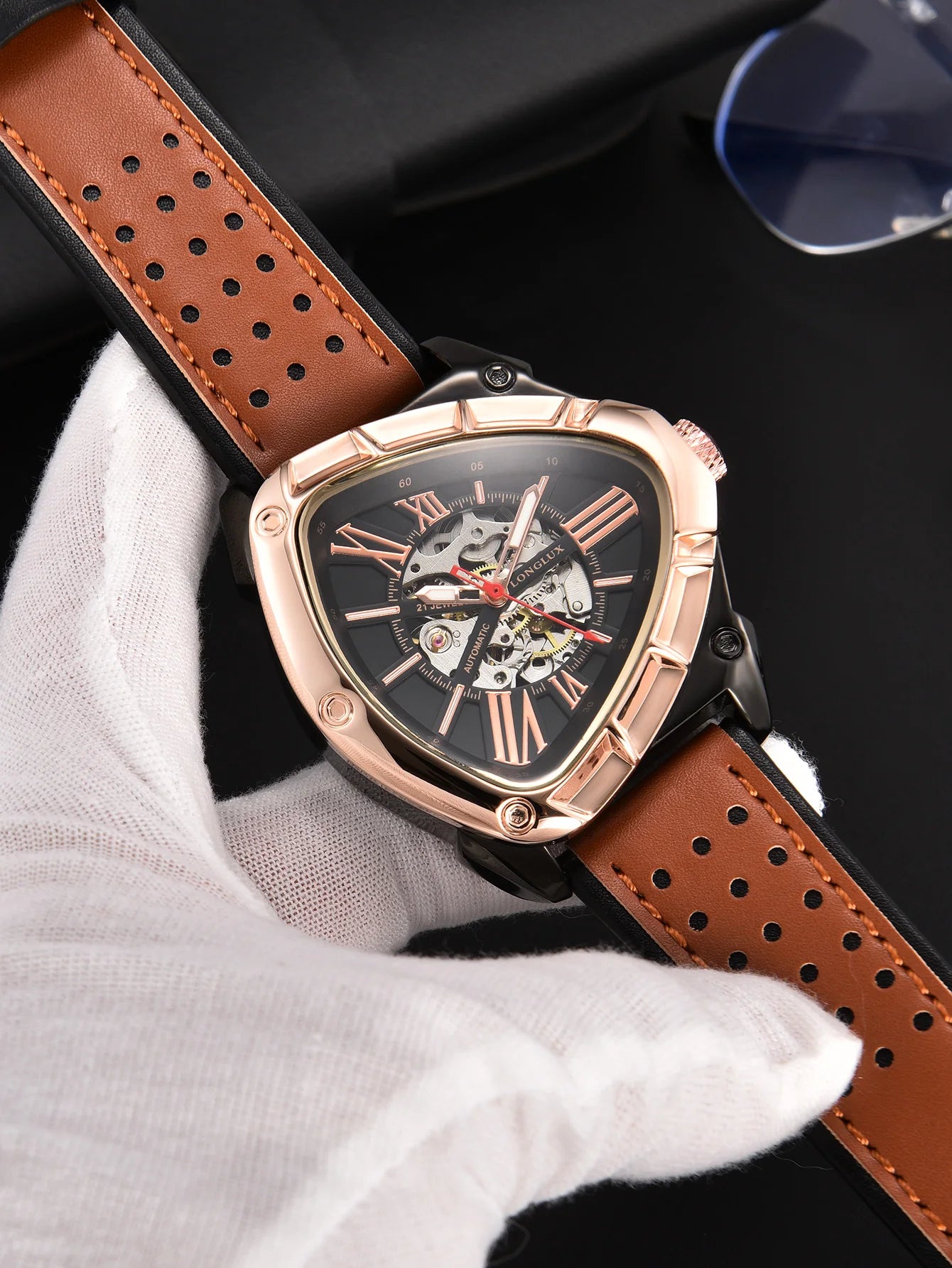 Men automatic watch explore outdoors style mechanical watches retro triangle skeleton leather waterproof luminous mens watch