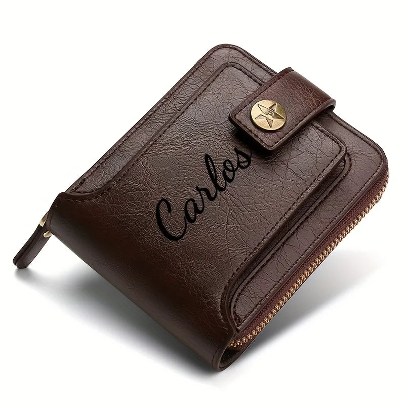 Custom Name Men's Wallet Gift Stylish Brown Faux Leather Engraved Purse Personalized Decorative Durable Card Holder Coin Pocket