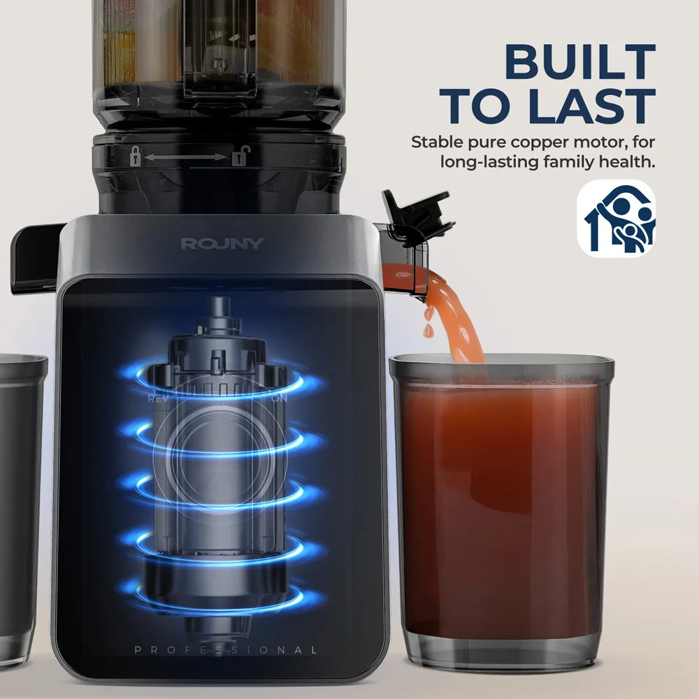 ROUNY Slow Juicer, Cold Press Extractor with Filter-Free, Easy Clean Electric Fruit Juicer Machine with Large Caliber,  Black