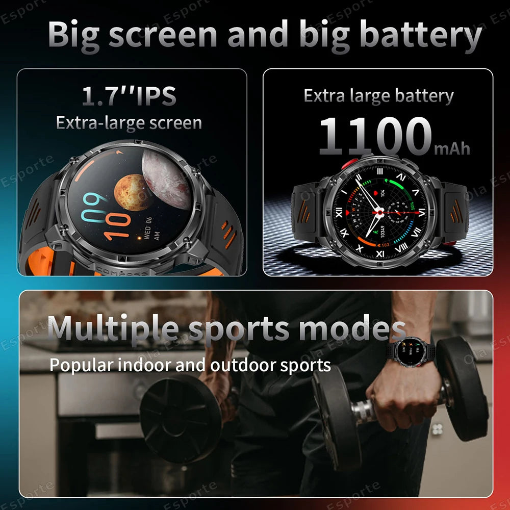 2026 New 1100mAh 1.7 Inch Smart Watch GPS path 5ATM Waterproof Sports Run Hiking Outdoors Compass Flashlight Military Smartwatch