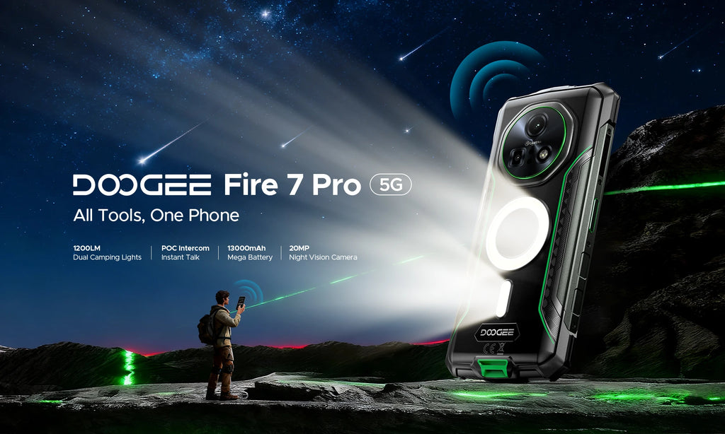 DOOGEE Fire 7 Pro Rugged Phone Dual Camping Lights Support Push-to-Talk Over Cellular 13000mAh Battery Android 15 Smartphone
