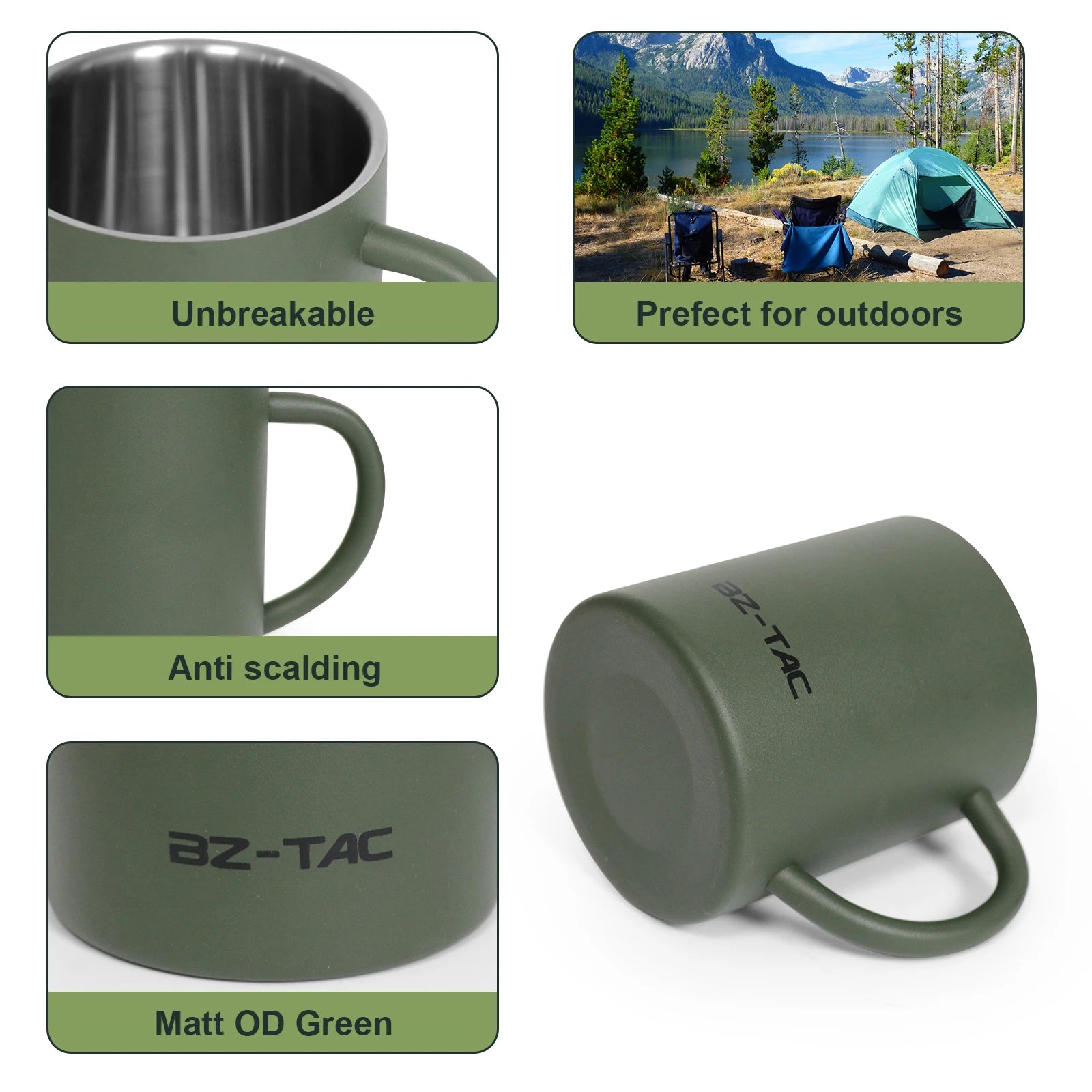 N Double Wall Coffee Mug Stainless Steel Matte Army Green Water Mug Insulated with Handle for Camping Picnic Outdoors 300/450ml
