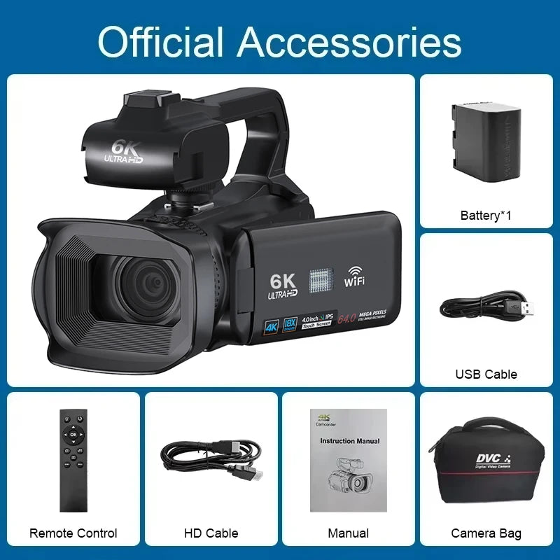 4K 60FPS Professional Camcorder for Photography 64MP WiFi Livestream Webcam Video Cameras 18X Digital Zoom YouTube Vlog Recorder