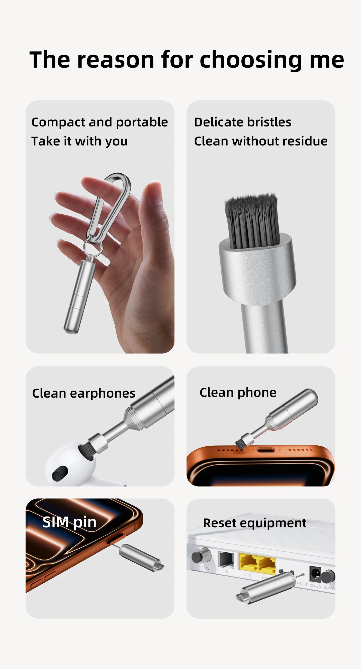 Cleaning brush card pick-up pin 2-in-1 cleaner portable keychain suitable for mobile phones speakers earpieces Bluetooth headpho