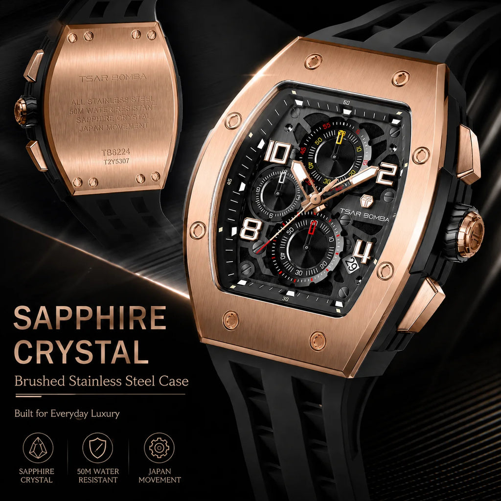 TSAR BOMBA Men's Luxury Quartz Watch, Sapphire Crystal, Chronograph, 5ATM Water Resistant, Rose Gold Business Fashion Wristwatch