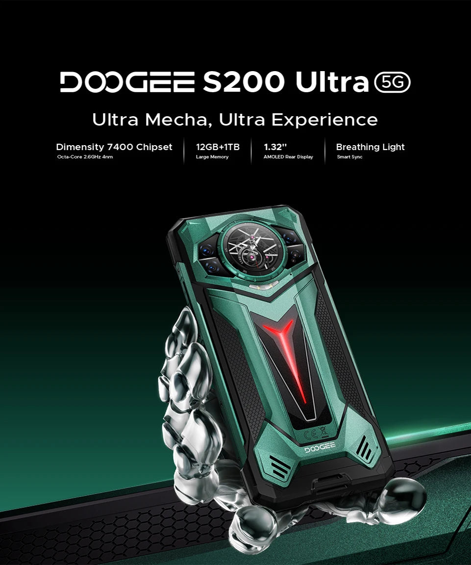 DOOGEE S200 Ultra 5G Rugged Phone 48GB+1TB Dimensity 7400 11000mAh Battery 66W 6.72” FHD+120Hz Breathing Light NFC Smartphone