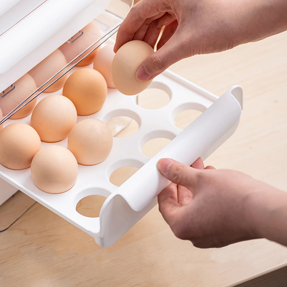 Double-Layer Egg Storage Drawer Box, Holds 32 Eggs, Transparent Body, Easy Access, White