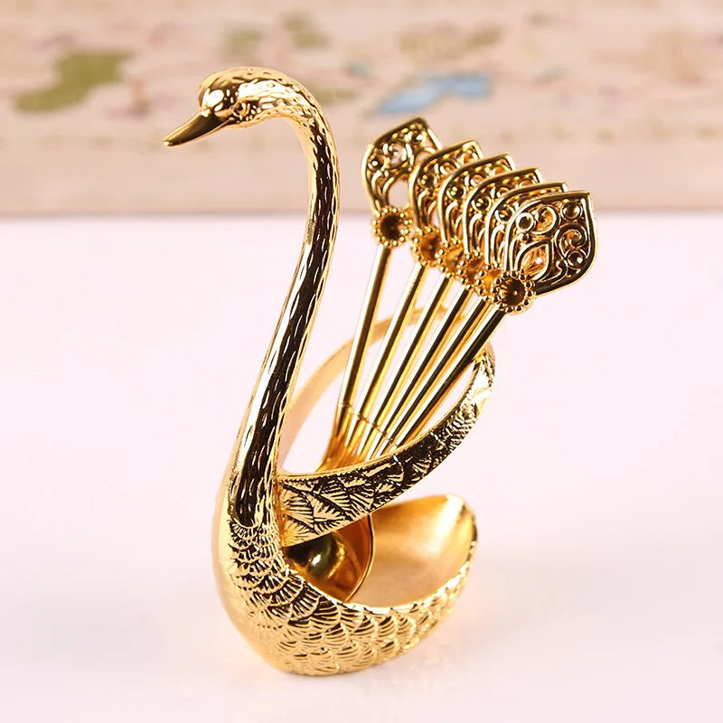Ice Cream Cake Coffee Tea Stirring Spoons Dessert Swan Holder Cutlery Spoons Set Cutlery Kitchen Tableware 1 Set of 7 Pieces