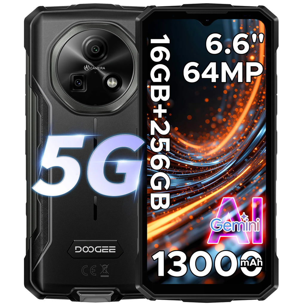 DOOGEE Fire 7 5G Rugged Phone Android 15 Gemini AI 13000mAh Battery 6.6'' Screen Dimensity 6300 64MP Camera  Smartphone NFC