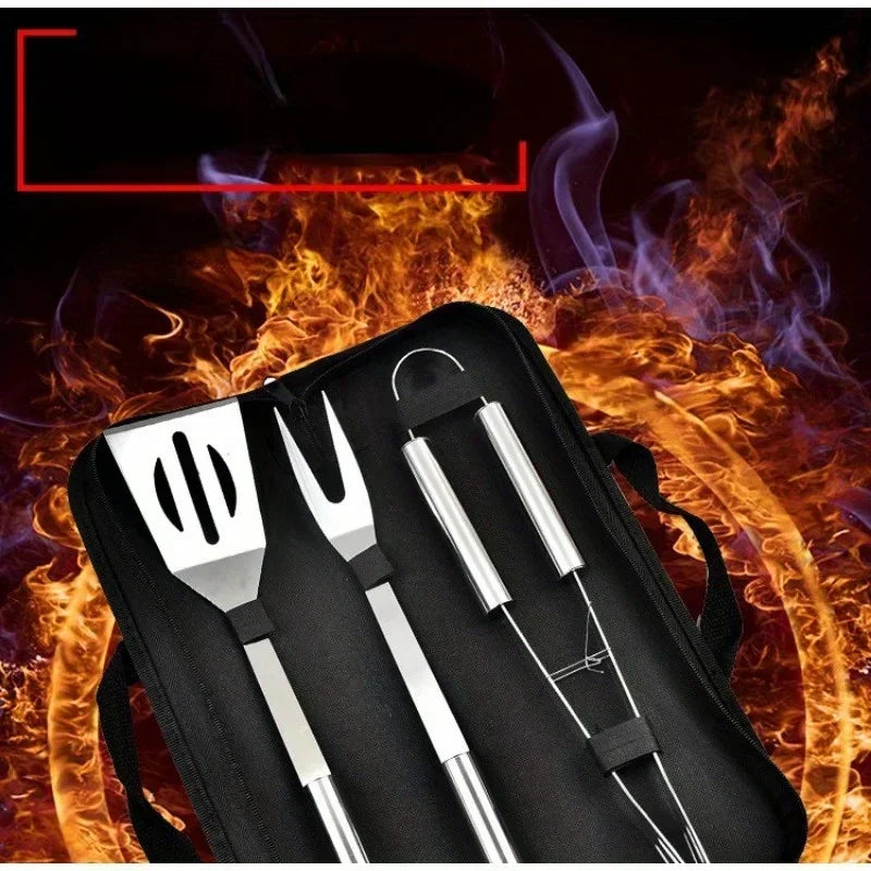 Stainless Steel Camping Barbecue Tool Set Portable Outdoor BBQ Utensils with Carry Bag Kitchen Forks Clips Shovels Grilling Kit