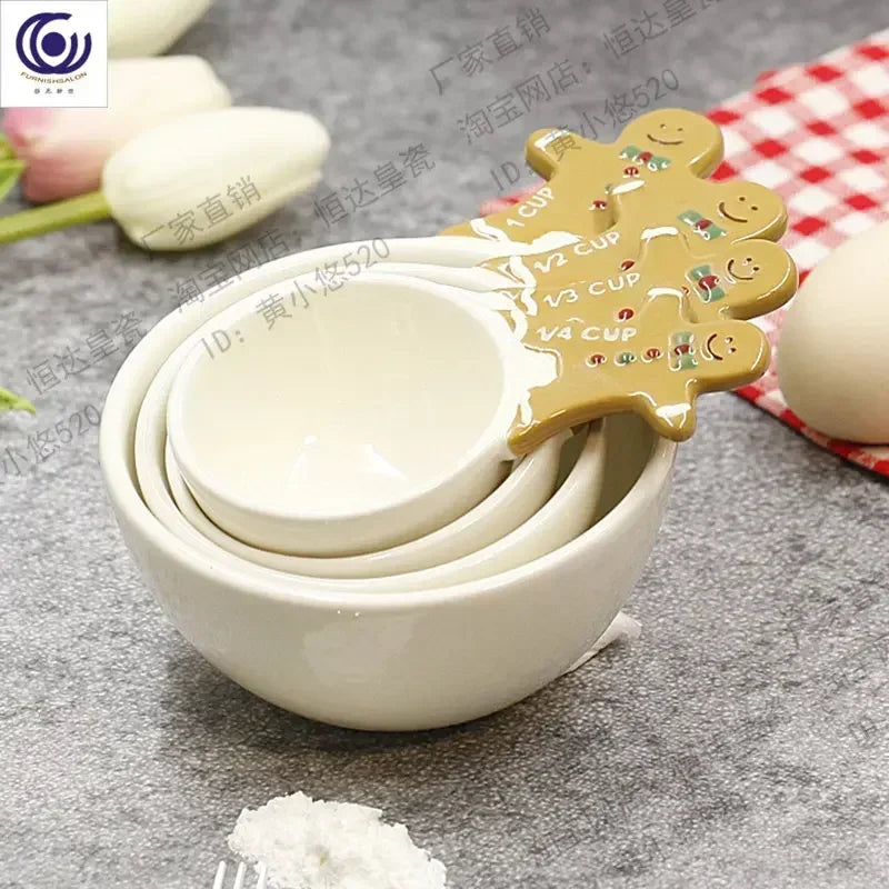 4pcs Christmas Measuring Spoons Set, 3D Hand-painted Ceramic Bowl Measuring Cup, Baking DIY Cake Flour Kitchen Accessories Gift