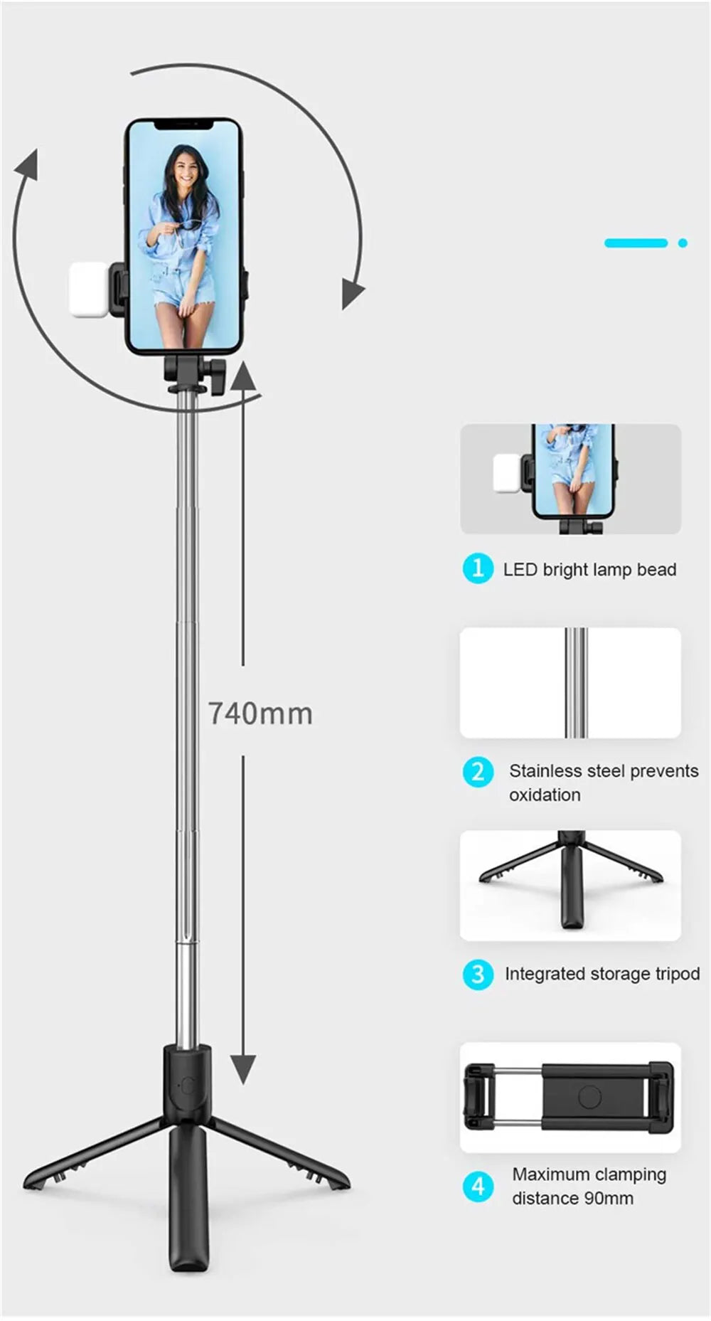 Phone Selfie Stick Tripod Bluetooth Remote Wireless Selfi Stick Phone Holder With Beauty LED Fill Light For Phone Live Streaming