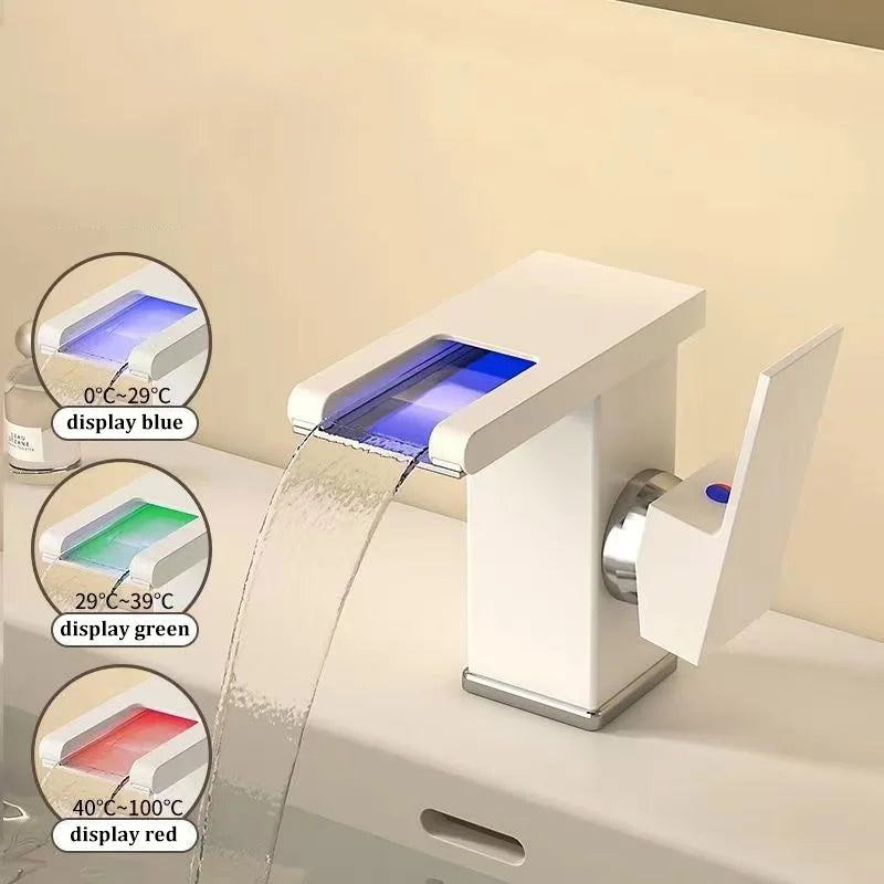 Basin Waterfall Style All-copper LED Light Luminous Faucet Bathroom Above Counter Basin Household Hot and Cold Water Faucet