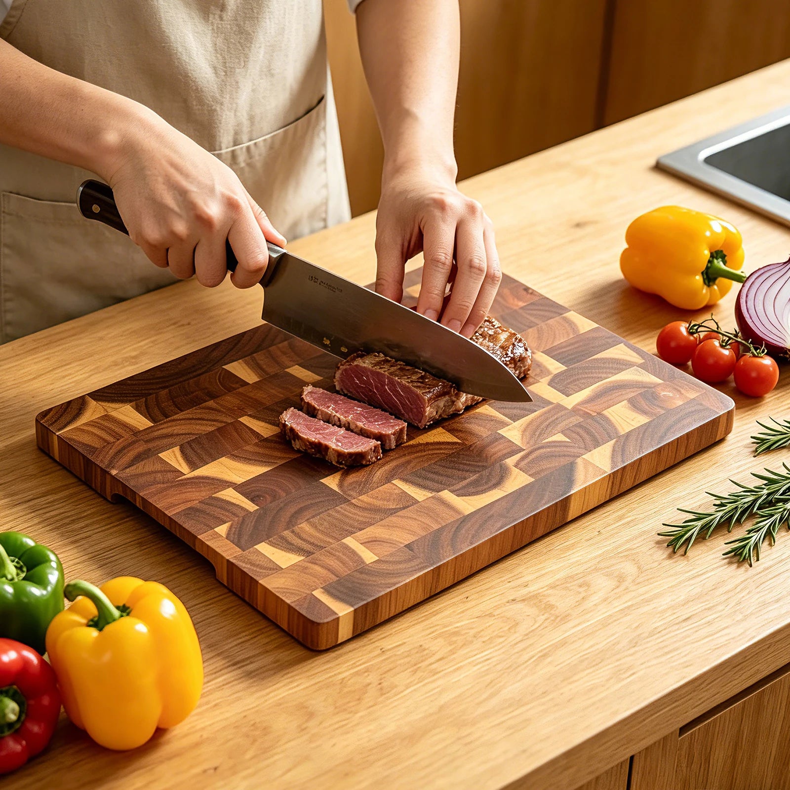Acacia Wood End Grain Cutting Board, Reversible Kitchen Chopping Board, Multi-Purpose Serving & Prep Tray, Perfect for Kitchen and Dining Table, 1PK