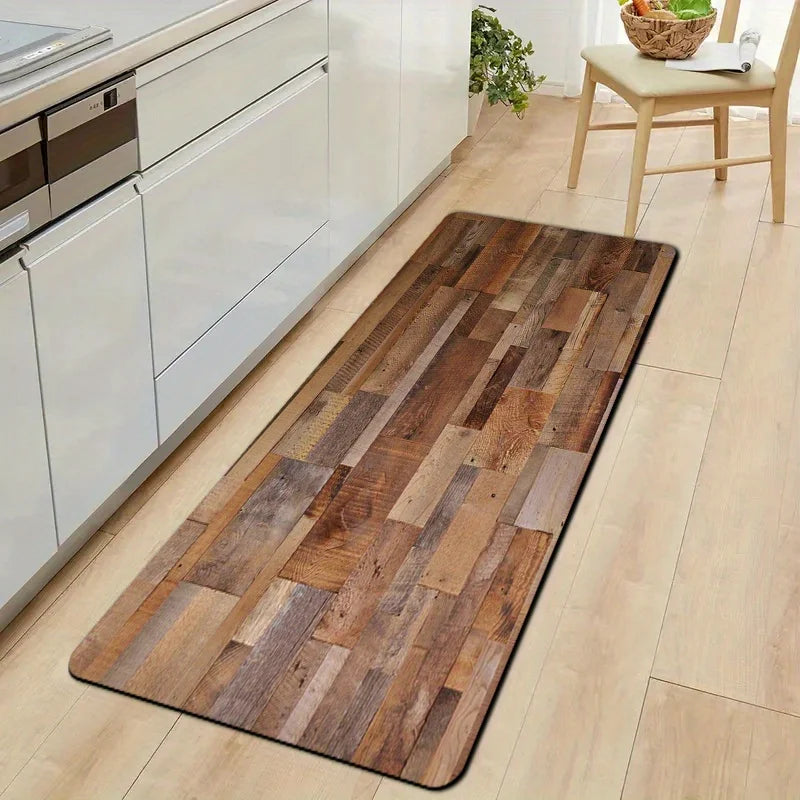 Farmhouse Wood Grain Kitchen Runner Rug, Non-Slip Washable Floor Mat with Vintage Plank Print for Kitchen, Sink, Cooking Area