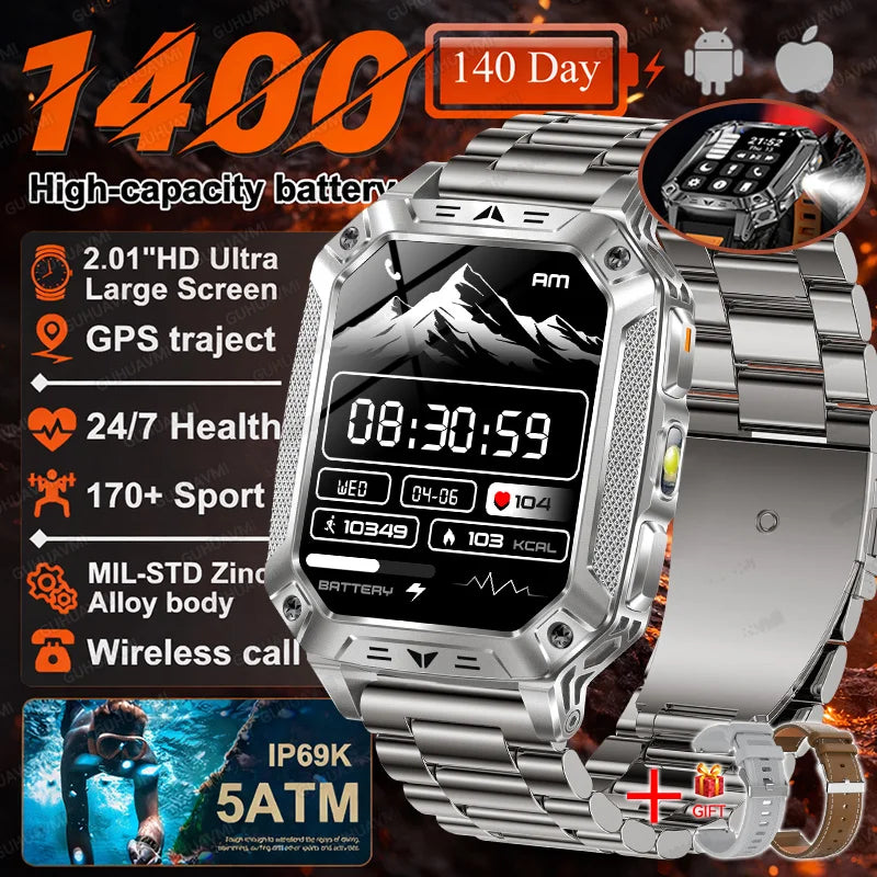 2026 Military 5ATM Waterproof Smart Watch Men 1400mAh Battery GPS Tracks 2.01" HD AMOLED Bluetooth call Sport Fitness Smartwatch