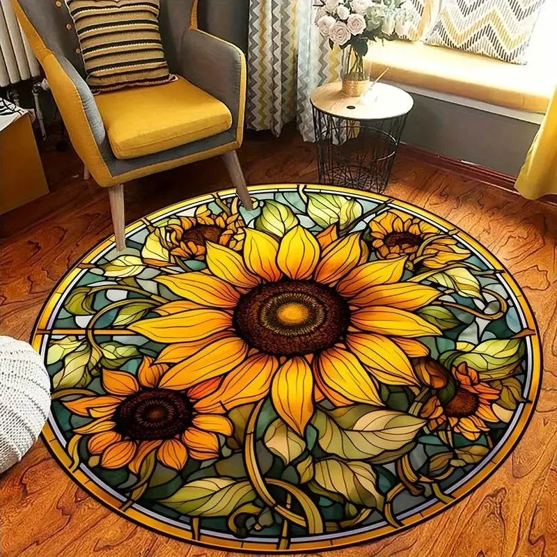 Colorful Floral Wreath Round Rug with Butterflies & Sunflowers – Nature-Inspired Home Decor for Living Room or Bedroom