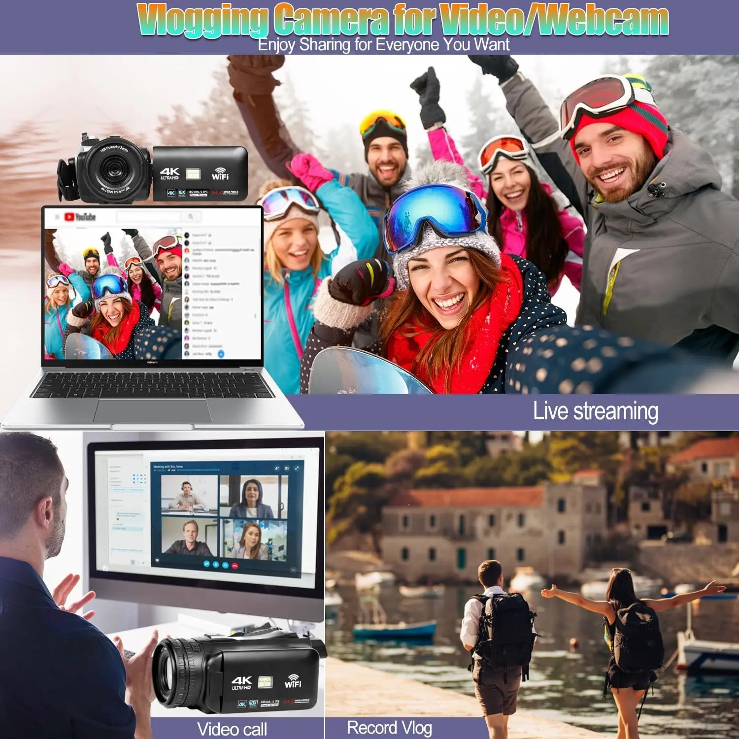 4K 60FPS Professional Camcorder for Photography 64MP WiFi Livestream Webcam Video Cameras 18X Digital Zoom YouTube Vlog Recorder