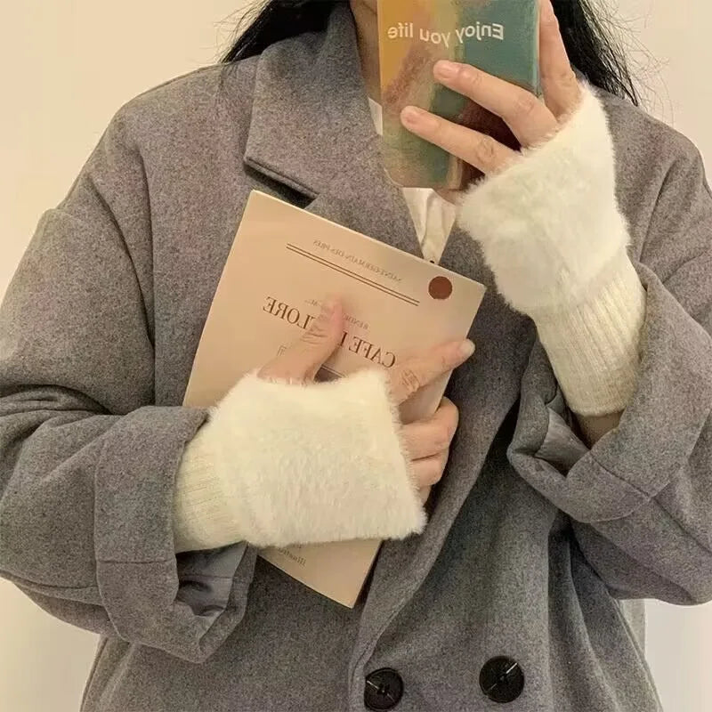 Women's Warm Plush Half-Finger Gloves for Autumn Winter Multi-Functional Cute Office Wear Cold-Resistant Fingerless Mittens