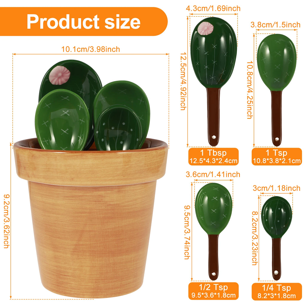 4Pcs Porcelain Measuring Spoons Set with Base Cute Cactus Shape Stirring Soup Spoon Ceramic Flower Pot Measuring Spoon