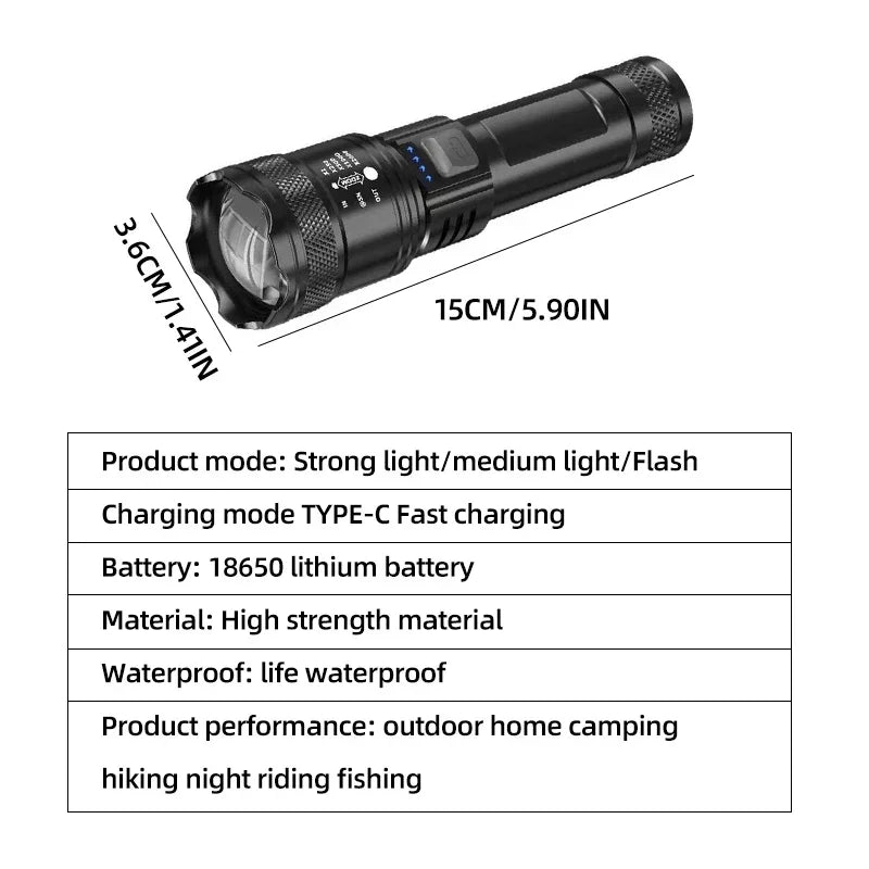 Tactical LED Flashlight 2000LM USB Rechargeable Waterproof Grade Zoom Torch Bright Portable Emergency Light for Camping Outdoor