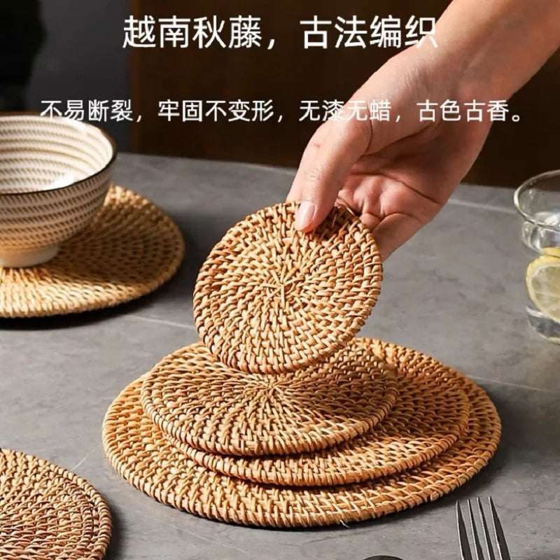 Handwoven Round Rattan Placemats Natural Wicker Coasters Heat Resistant Table Mats Multi Size Set Kitchen Dining Table Decor Pot