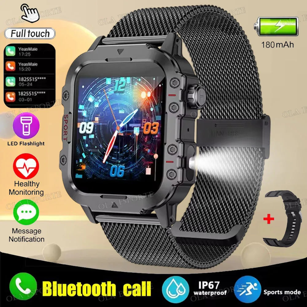 2025 New Flashlight Military Smart Watch Men IP68 5ATM Outdoor Sports Fitness Tracker Health Monitor 1.44Inch BT Call Smartwatch