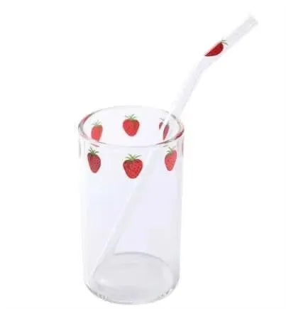 300 ML High Borosilicate Nana Cute Strawberry Water Milk Drinking Glasses Cup with Straw Upgrade Thickened Version Gift