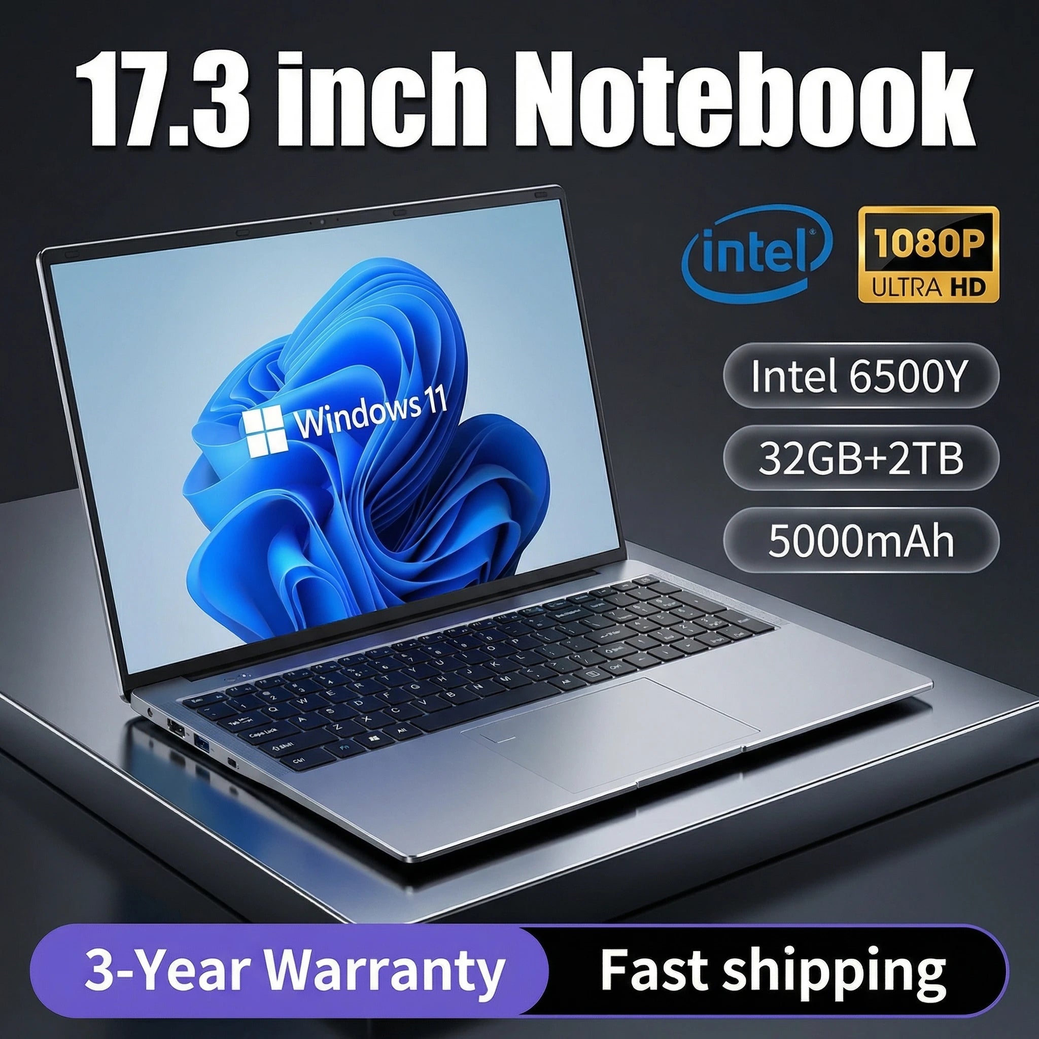 Hot 17.3" Notebook Intel Pentium 6500Y 32GB 2TB Windows 11 Large Screen  Fingerprint Unlock Office Gaming Laptop Computer PC