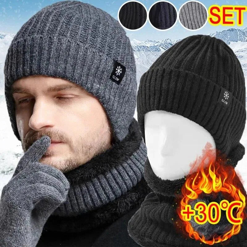Men Winter Knitted Hat Plush Warmth Peaked Cap Outdoor Earmuff Casual Fashion Faux Fur Lined Bomber Hats Cycling Ear Protection