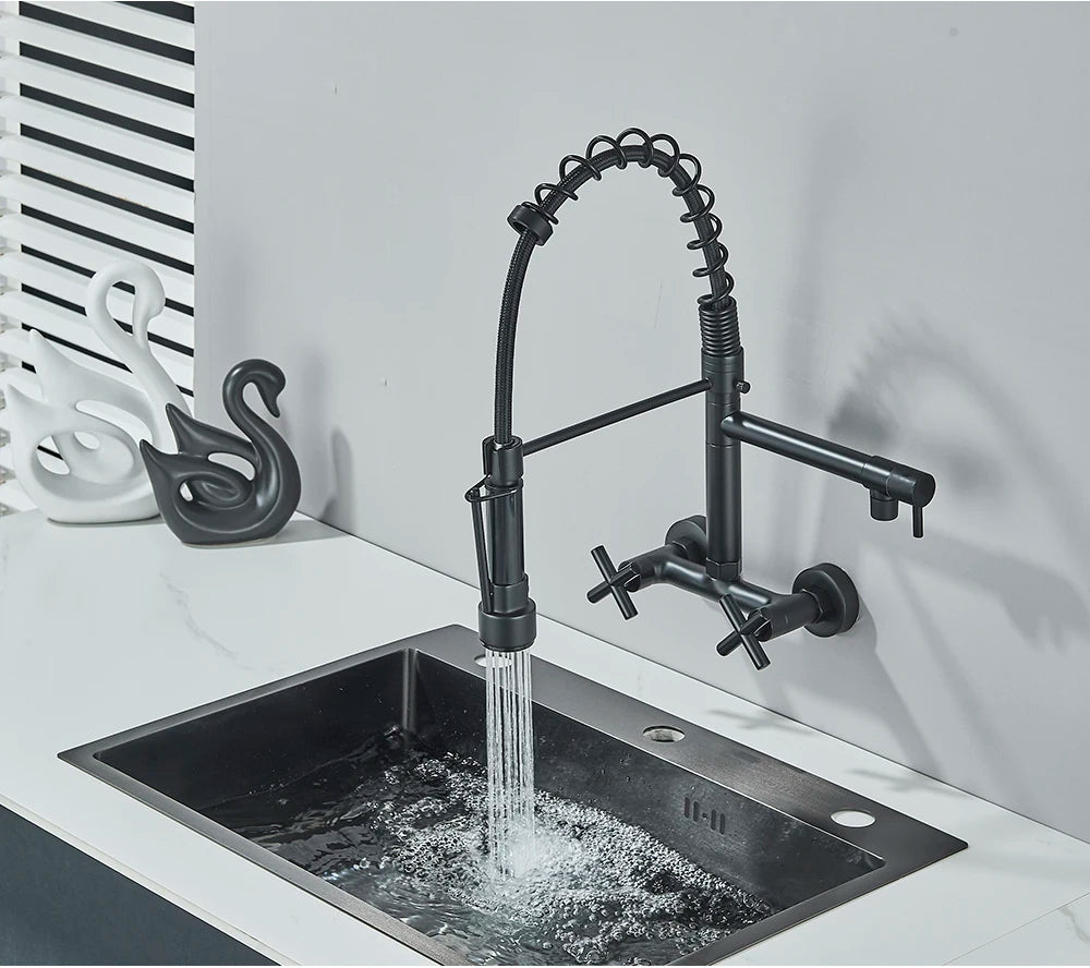 Gold Black Kitchen Faucet Wall Mount Pull Down Tap Vessel Sink Hot Cold Water Mixer Tap Spring Dual Swivel Spouts Sink Crane