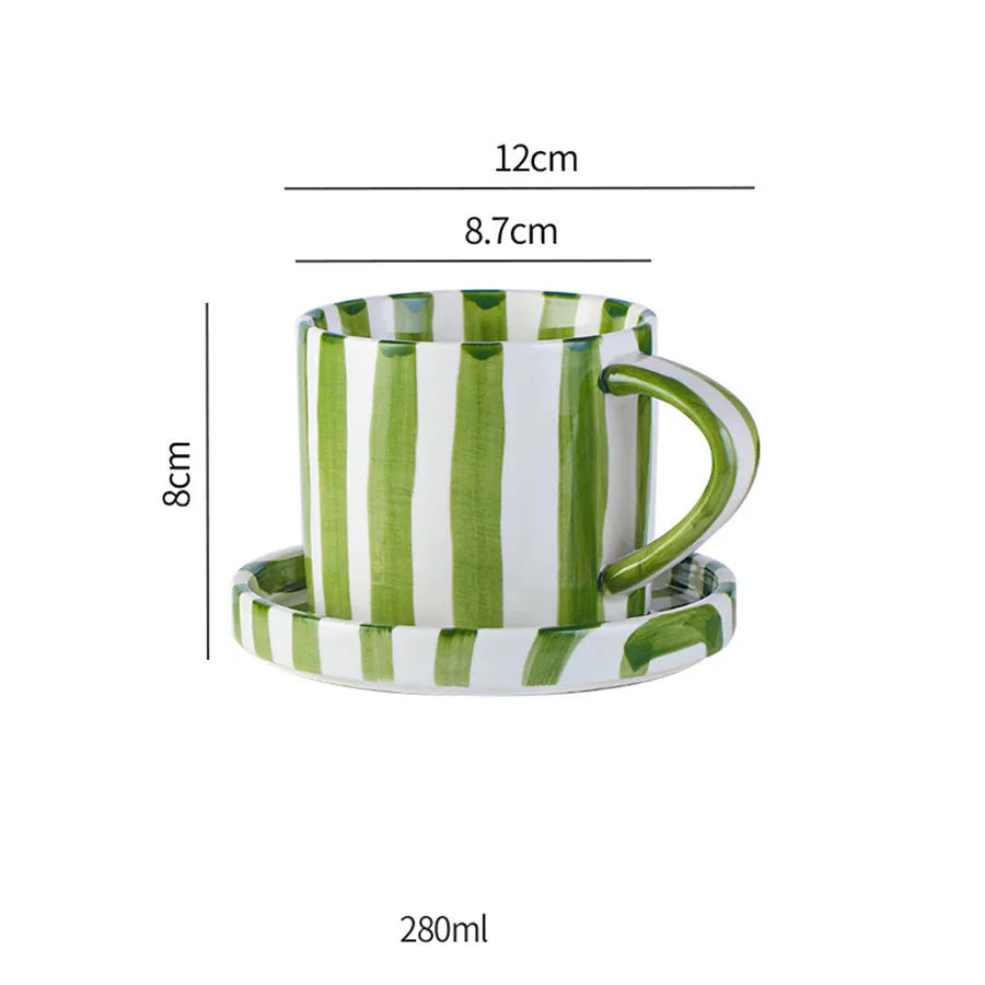 Minimalist striped hand drawn cup and plate set, ceramic milk coffee cup, 280ml/9.5oz afternoon tea coffee cup, household drinki