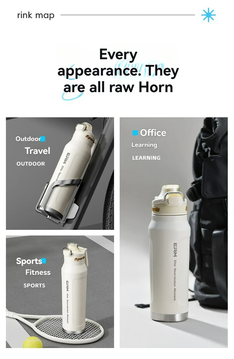 1L Thermos Bottle Stainless Steel Iced And Heat Insulated Cups Hiking Cycling Fitness Vacuum Flasks with Handle