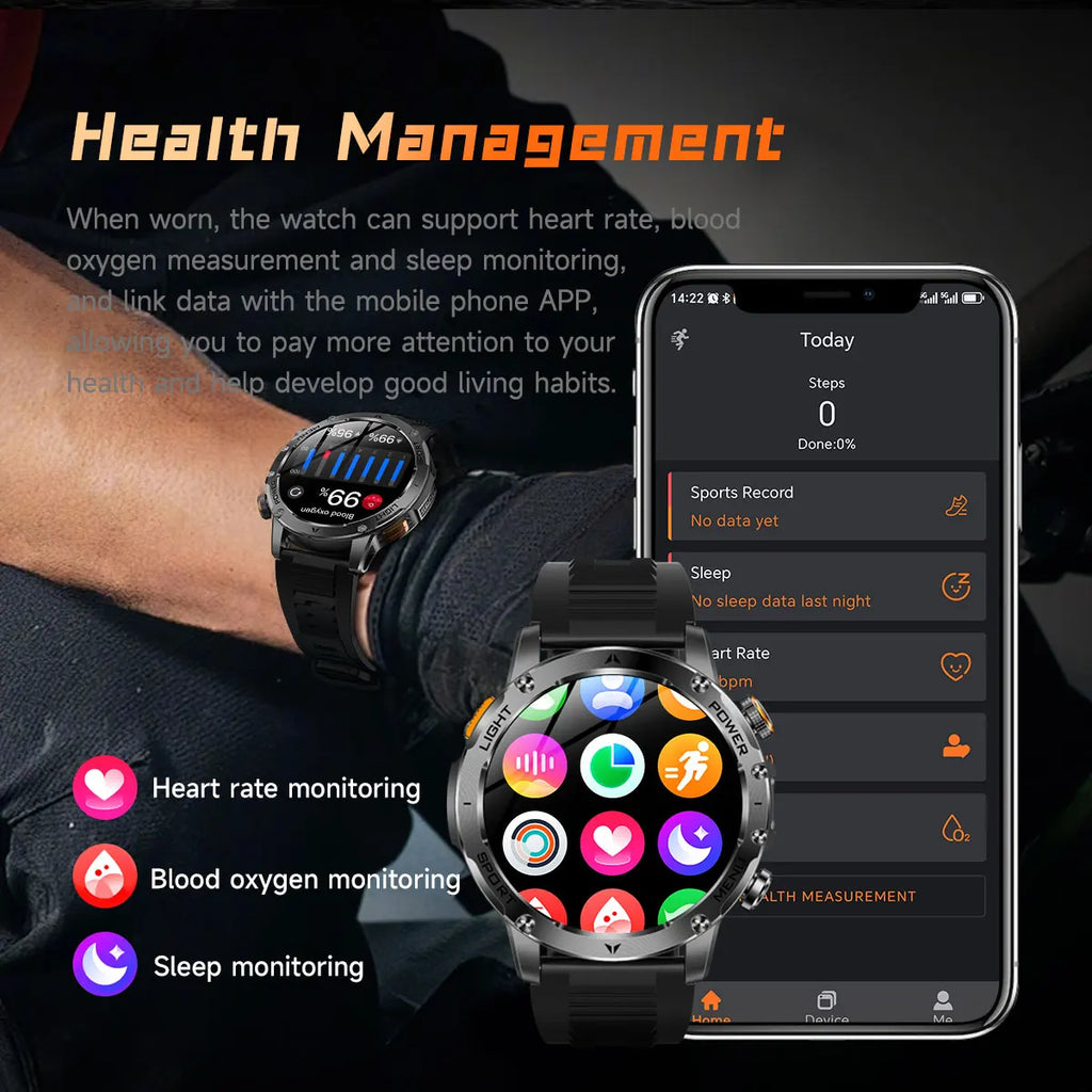 2026 New Military Smart Watch 1000Mah Battery Fitness Tracking 10ATM Waterproof Tactics Sport Flashlight call Bracelet For Men