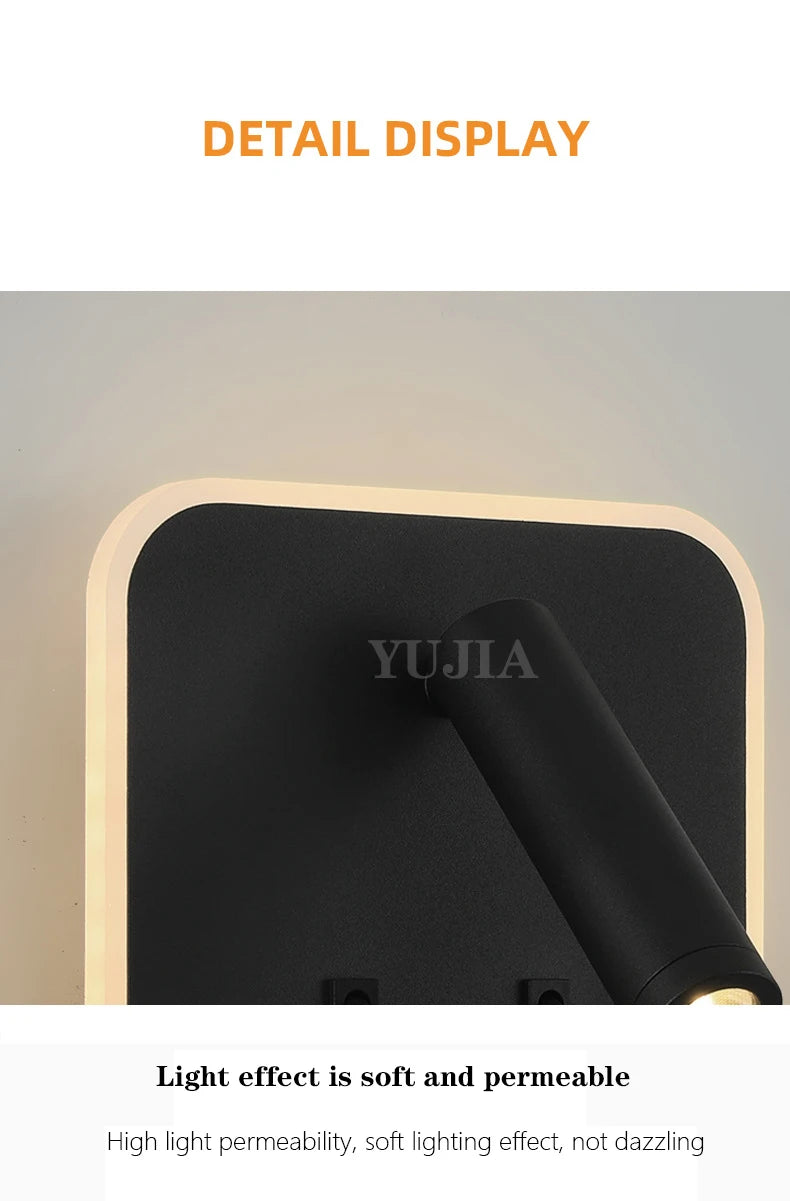 Contemporary Multifunctional LED Wall Sconce with Switch Modern Adjustable Reading Lamp USB Charging Ports for Bedrooms Offices