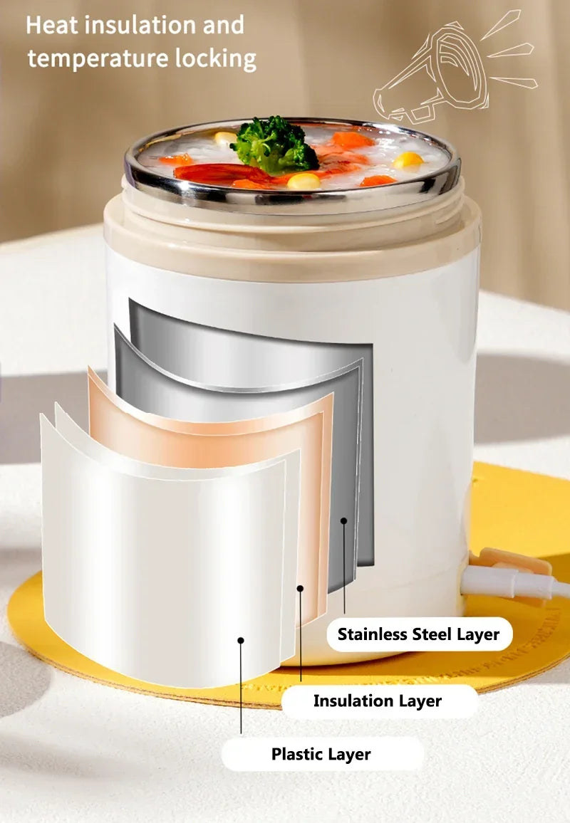 600ML Portable USB Electric Heating Lunch Box Stainless Steel Food Warmer with Drink Function for Picnics Food Heater