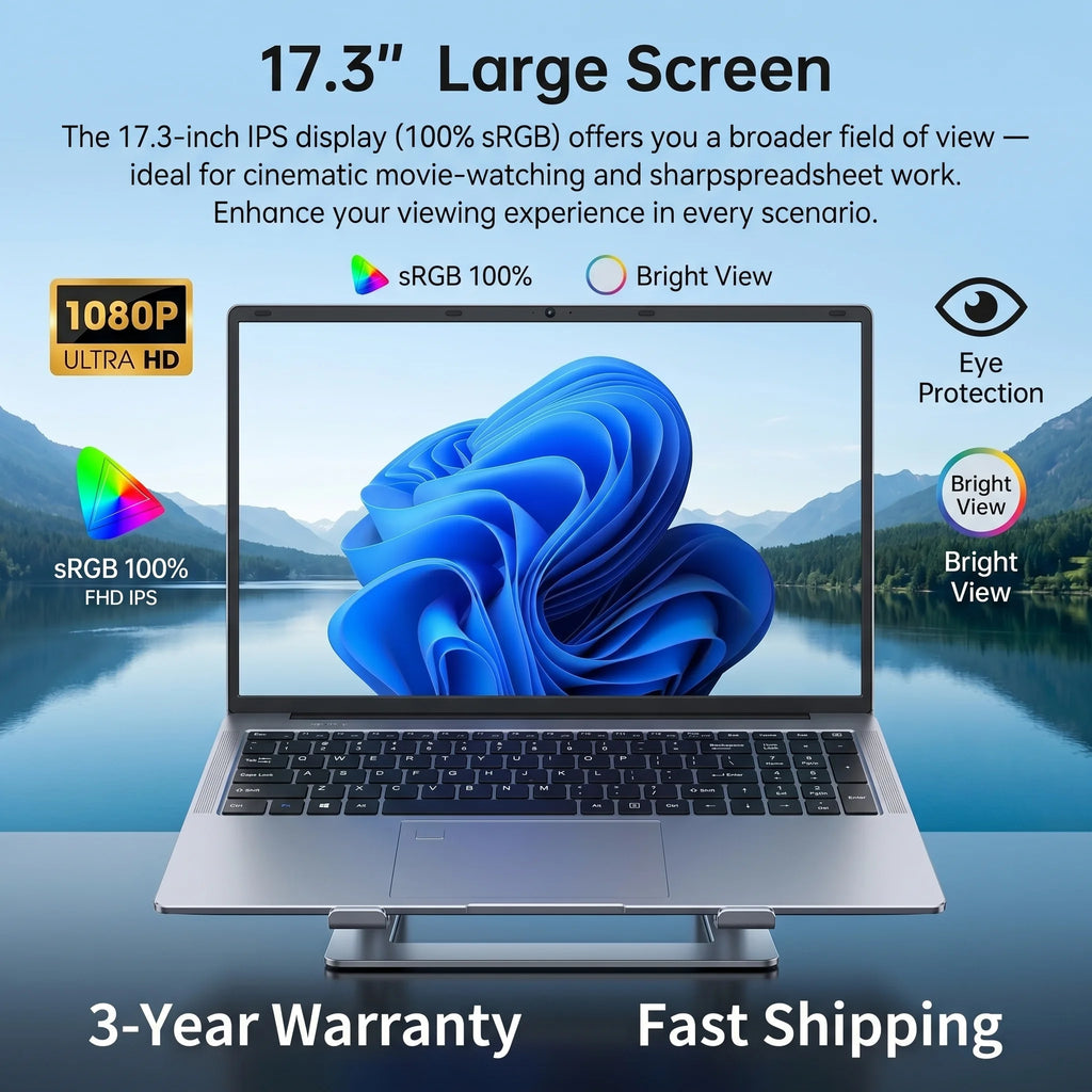17.3" Portable Laptops Intel 6500Y Windows 11 32GB 2TB HD Display Fingerprint Unlock Gamer Study Office Notebook Computer PC
