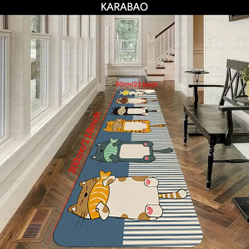Cute Cartoon Cats & Fish Print Runner Rug, Non-Slip Washable Durable Mat for Kitchen, Laundry Room, Entryway & Kids Room