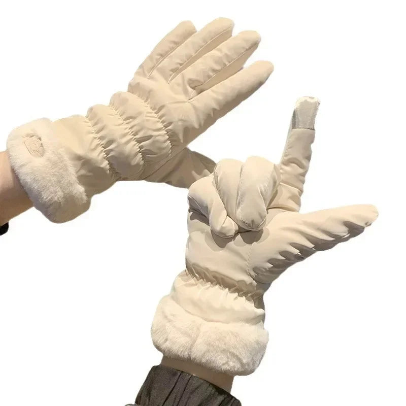 Ski Gloves Women Winter Fleece Thickened Warm Plush Cotton Waterproof Touch-Screen Gloves For Outdoor Riding Mountaineering
