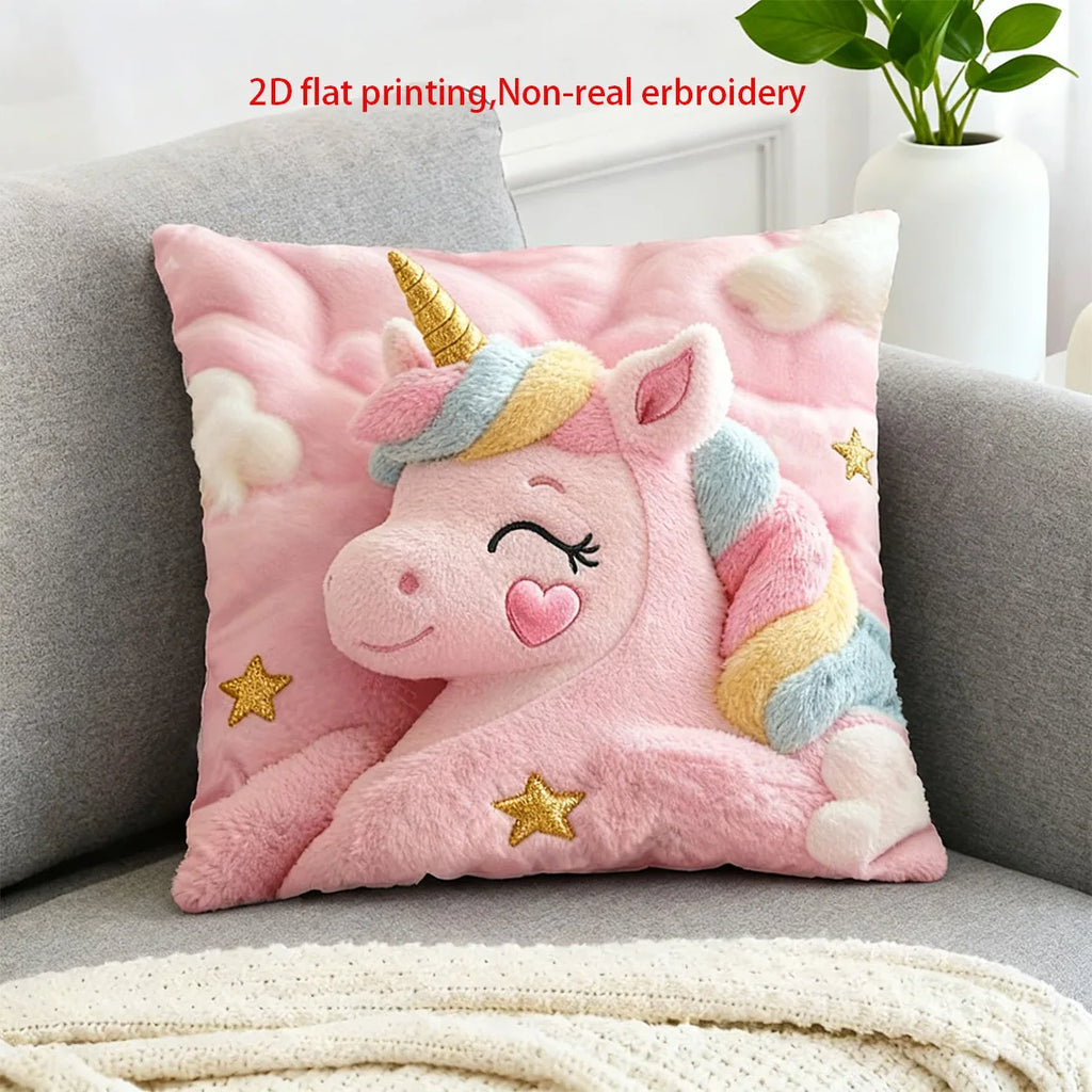 [Unicorn Pillowcase] A Cute Unicorn Pillowcase with a Rainbow Tail And Stars, Featuring a Pink Print on One Sid